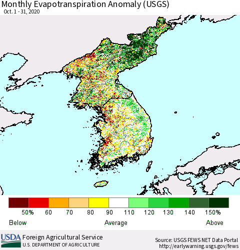 Korea Monthly Actual Evapotranspiration Anomaly (USGS) Thematic Map For 10/1/2020 - 10/31/2020