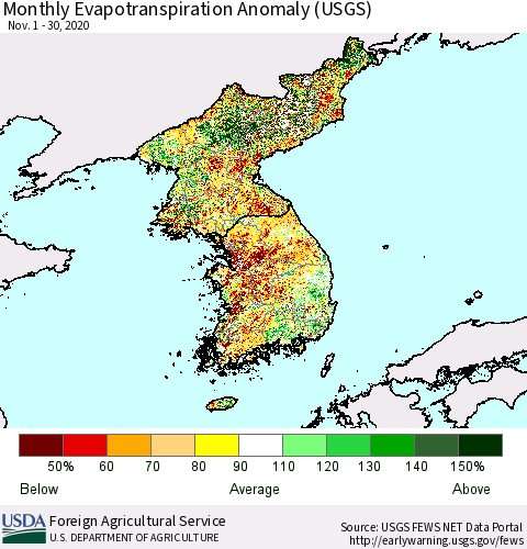 Korea Monthly Actual Evapotranspiration Anomaly (USGS) Thematic Map For 11/1/2020 - 11/30/2020
