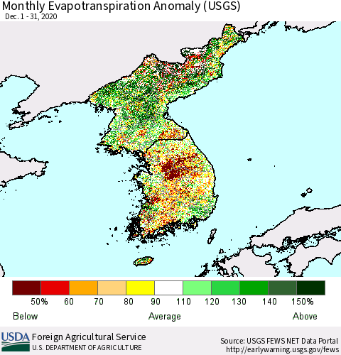 Korea Monthly Actual Evapotranspiration Anomaly (USGS) Thematic Map For 12/1/2020 - 12/31/2020