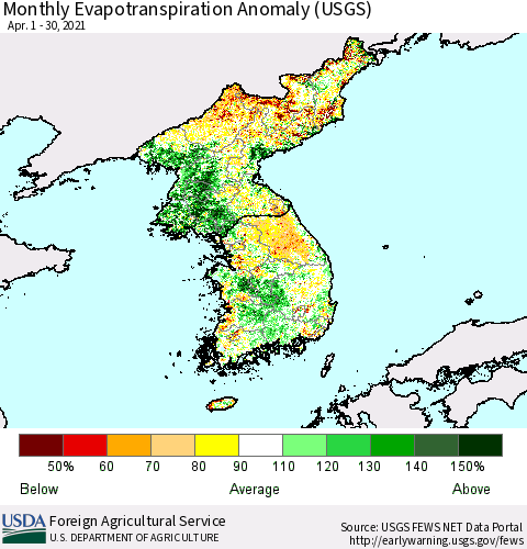 Korea Monthly Actual Evapotranspiration Anomaly (USGS) Thematic Map For 4/1/2021 - 4/30/2021