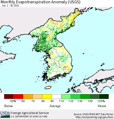 Korea Monthly Actual Evapotranspiration Anomaly (USGS) Thematic Map For 6/1/2021 - 6/30/2021
