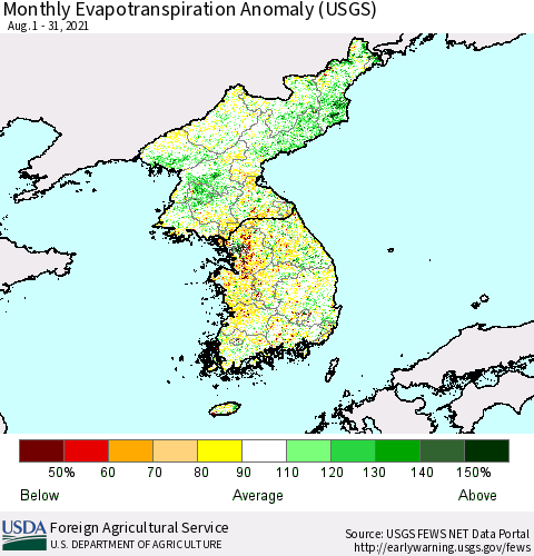 Korea Monthly Actual Evapotranspiration Anomaly (USGS) Thematic Map For 8/1/2021 - 8/31/2021