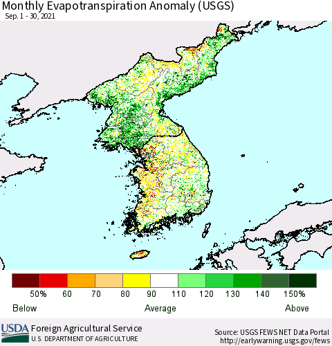 Korea Monthly Actual Evapotranspiration Anomaly (USGS) Thematic Map For 9/1/2021 - 9/30/2021