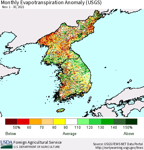 Korea Monthly Actual Evapotranspiration Anomaly (USGS) Thematic Map For 11/1/2021 - 11/30/2021