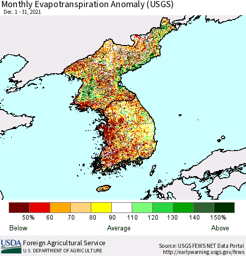 Korea Monthly Actual Evapotranspiration Anomaly (USGS) Thematic Map For 12/1/2021 - 12/31/2021