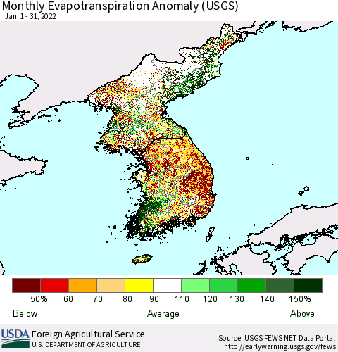 Korea Monthly Actual Evapotranspiration Anomaly (USGS) Thematic Map For 1/1/2022 - 1/31/2022