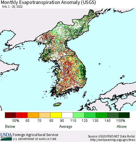 Korea Monthly Actual Evapotranspiration Anomaly (USGS) Thematic Map For 2/1/2022 - 2/28/2022