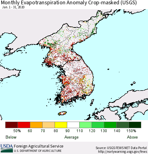 Korea Monthly Actual Evapotranspiration Anomaly over Croplands (USGS) Thematic Map For 1/1/2020 - 1/31/2020