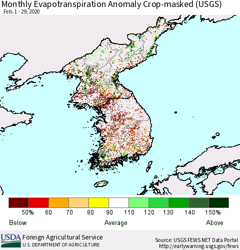 Korea Monthly Actual Evapotranspiration Anomaly over Croplands (USGS) Thematic Map For 2/1/2020 - 2/29/2020