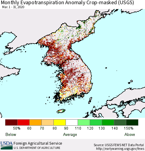 Korea Monthly Actual Evapotranspiration Anomaly over Croplands (USGS) Thematic Map For 3/1/2020 - 3/31/2020
