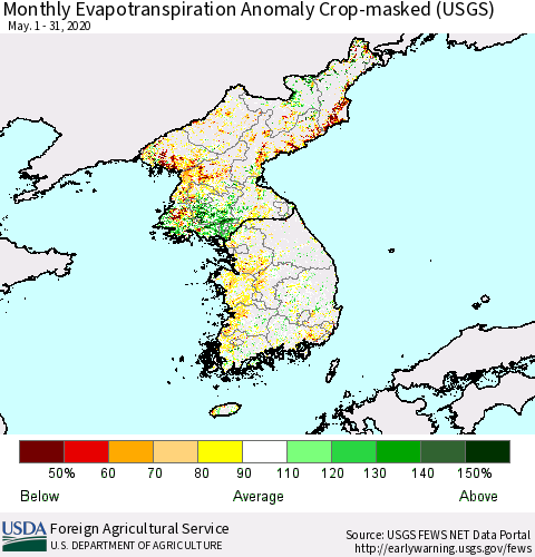Korea Monthly Actual Evapotranspiration Anomaly over Croplands (USGS) Thematic Map For 5/1/2020 - 5/31/2020