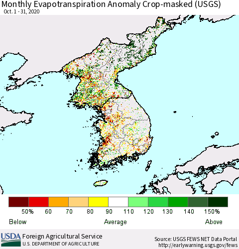 Korea Monthly Actual Evapotranspiration Anomaly over Croplands (USGS) Thematic Map For 10/1/2020 - 10/31/2020