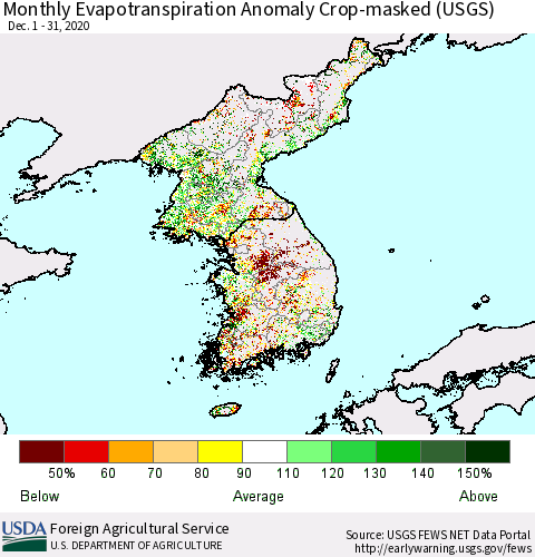 Korea Monthly Actual Evapotranspiration Anomaly over Croplands (USGS) Thematic Map For 12/1/2020 - 12/31/2020