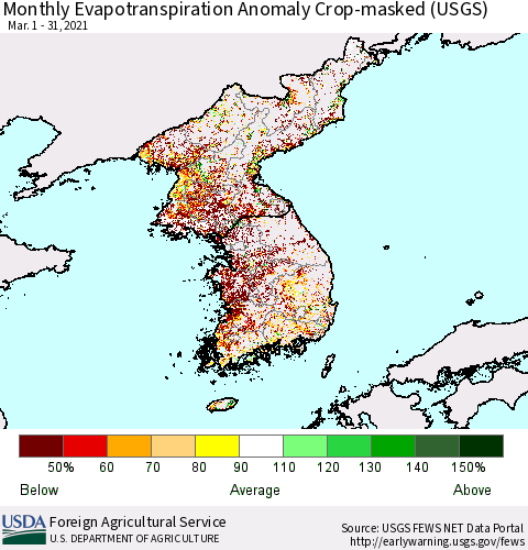 Korea Monthly Actual Evapotranspiration Anomaly over Croplands (USGS) Thematic Map For 3/1/2021 - 3/31/2021