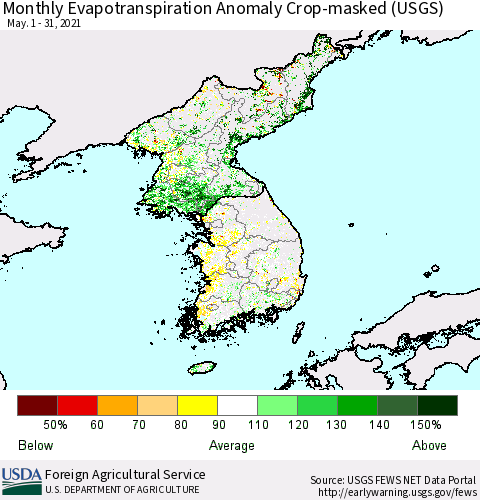 Korea Monthly Actual Evapotranspiration Anomaly over Croplands (USGS) Thematic Map For 5/1/2021 - 5/31/2021