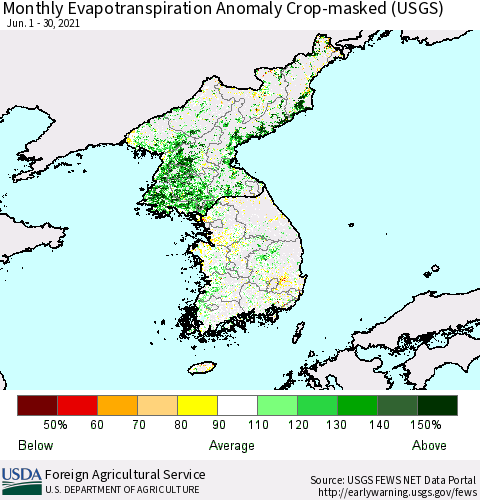 Korea Monthly Actual Evapotranspiration Anomaly over Croplands (USGS) Thematic Map For 6/1/2021 - 6/30/2021