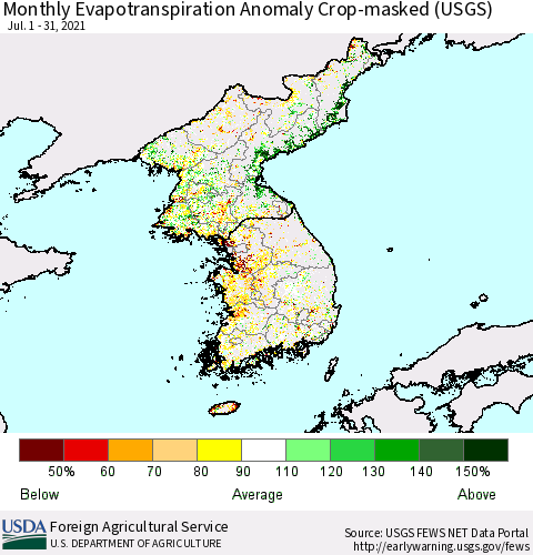 Korea Monthly Actual Evapotranspiration Anomaly over Croplands (USGS) Thematic Map For 7/1/2021 - 7/31/2021
