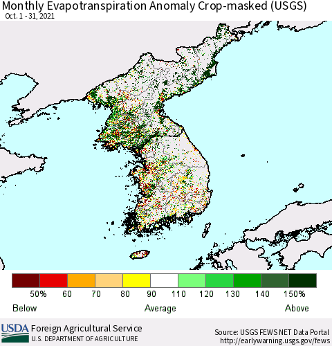 Korea Monthly Actual Evapotranspiration Anomaly over Croplands (USGS) Thematic Map For 10/1/2021 - 10/31/2021