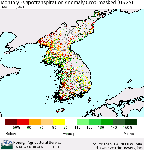 Korea Monthly Actual Evapotranspiration Anomaly over Croplands (USGS) Thematic Map For 11/1/2021 - 11/30/2021