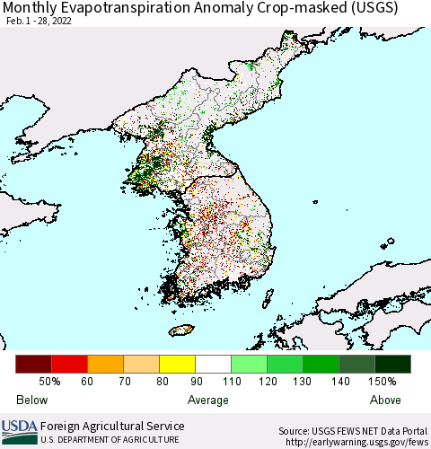Korea Monthly Actual Evapotranspiration Anomaly over Croplands (USGS) Thematic Map For 2/1/2022 - 2/28/2022