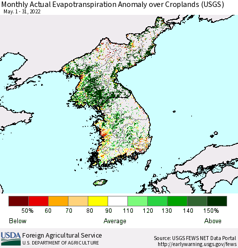Korea Monthly Actual Evapotranspiration Anomaly over Croplands (USGS) Thematic Map For 5/1/2022 - 5/31/2022
