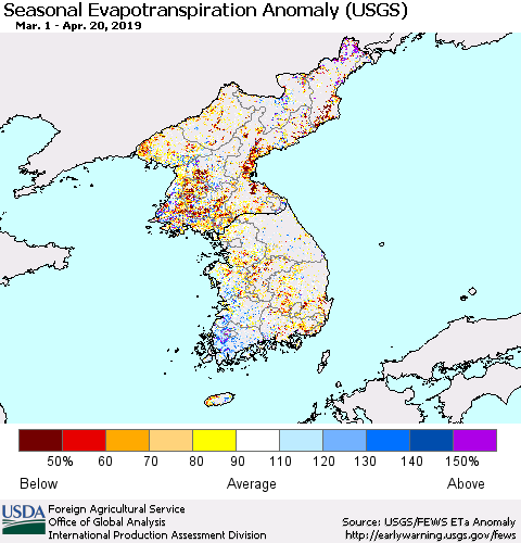 Korea Seasonal Actual Evapotranspiration Anomaly (USGS) Thematic Map For 4/1/2019 - 4/20/2019