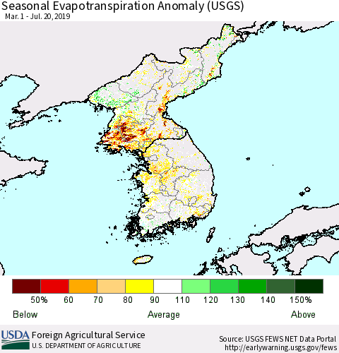 Korea Seasonal Actual Evapotranspiration Anomaly (USGS) Thematic Map For 4/1/2019 - 7/20/2019