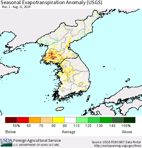 Korea Seasonal Actual Evapotranspiration Anomaly (USGS) Thematic Map For 4/1/2019 - 8/31/2019