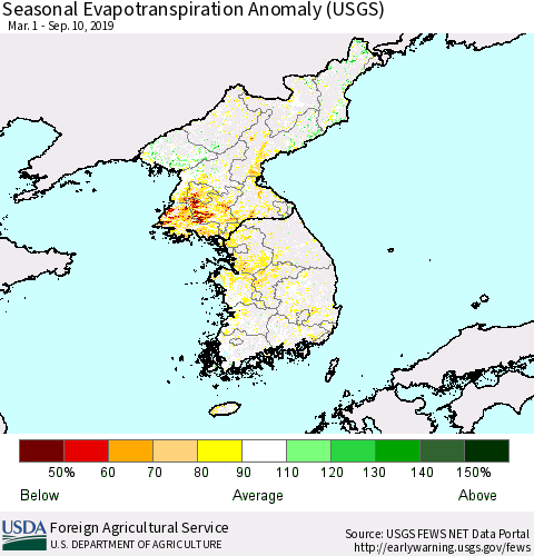 Korea Seasonal Actual Evapotranspiration Anomaly (USGS) Thematic Map For 4/1/2019 - 9/10/2019