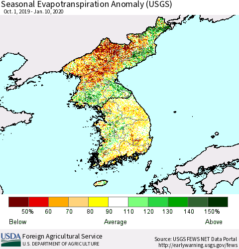 Korea Seasonal Actual Evapotranspiration Anomaly (USGS) Thematic Map For 9/1/2019 - 1/10/2020