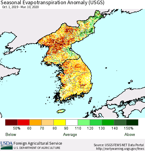 Korea Seasonal Actual Evapotranspiration Anomaly (USGS) Thematic Map For 9/1/2019 - 3/10/2020
