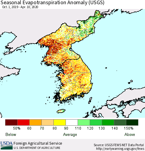 Korea Seasonal Actual Evapotranspiration Anomaly (USGS) Thematic Map For 9/1/2019 - 4/10/2020