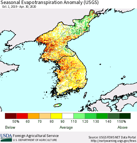Korea Seasonal Actual Evapotranspiration Anomaly (USGS) Thematic Map For 9/1/2019 - 4/30/2020