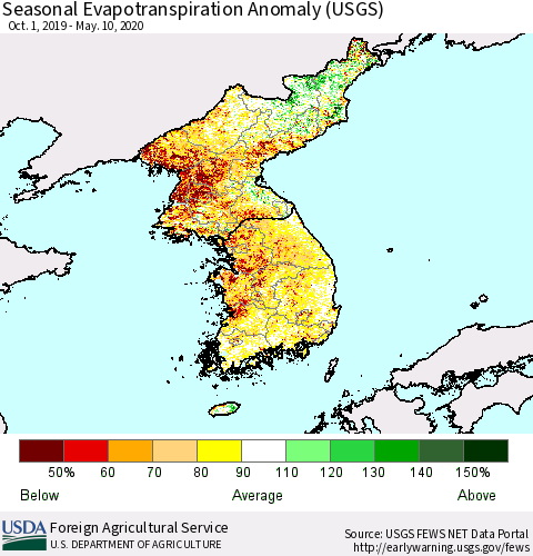 Korea Seasonal Actual Evapotranspiration Anomaly (USGS) Thematic Map For 9/1/2019 - 5/10/2020
