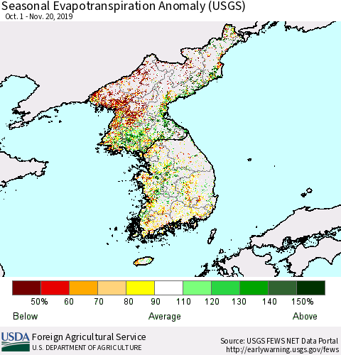 Korea Seasonal Actual Evapotranspiration Anomaly (USGS) Thematic Map For 9/1/2019 - 11/20/2019