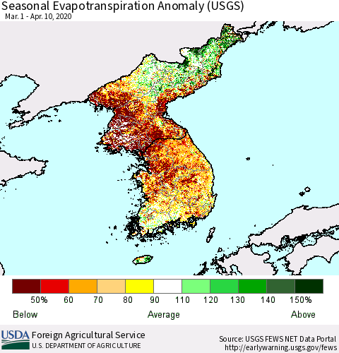Korea Seasonal Actual Evapotranspiration Anomaly (USGS) Thematic Map For 4/1/2020 - 4/10/2020