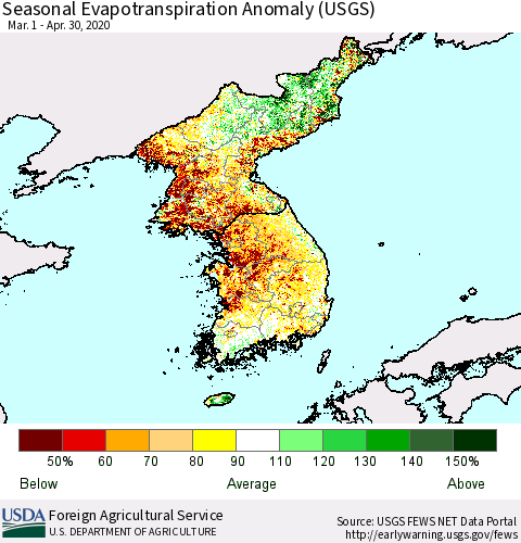 Korea Seasonal Actual Evapotranspiration Anomaly (USGS) Thematic Map For 4/1/2020 - 4/30/2020