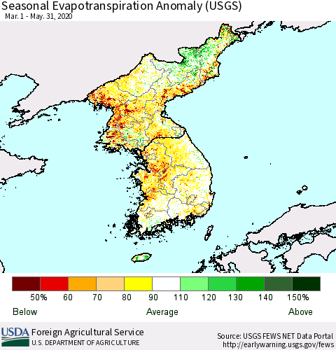 Korea Seasonal Actual Evapotranspiration Anomaly (USGS) Thematic Map For 4/1/2020 - 5/31/2020
