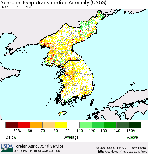 Korea Seasonal Actual Evapotranspiration Anomaly (USGS) Thematic Map For 4/1/2020 - 6/10/2020