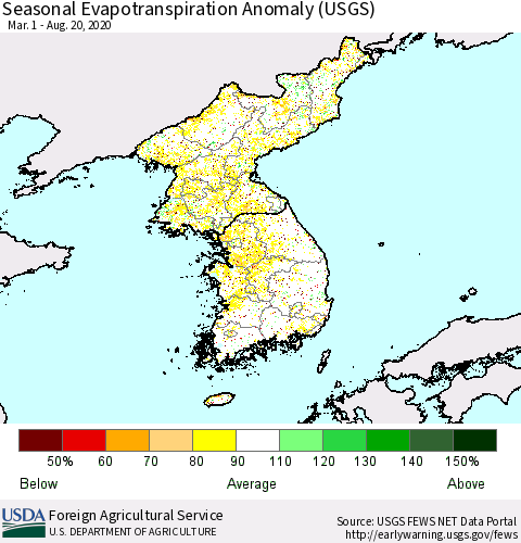Korea Seasonal Actual Evapotranspiration Anomaly (USGS) Thematic Map For 4/1/2020 - 8/20/2020