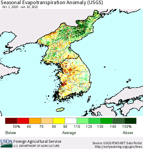 Korea Seasonal Actual Evapotranspiration Anomaly (USGS) Thematic Map For 9/1/2020 - 1/10/2021