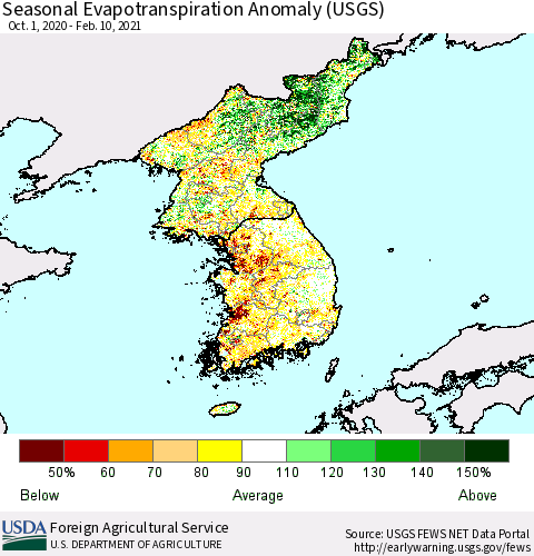 Korea Seasonal Actual Evapotranspiration Anomaly (USGS) Thematic Map For 9/1/2020 - 2/10/2021
