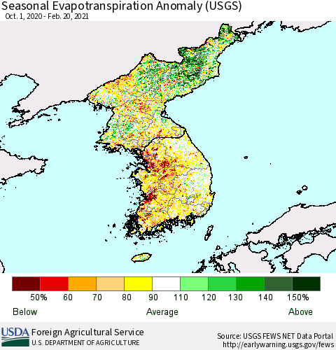 Korea Seasonal Actual Evapotranspiration Anomaly (USGS) Thematic Map For 9/1/2020 - 2/20/2021