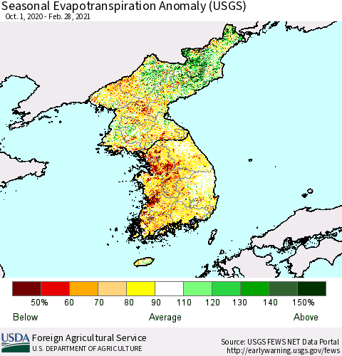 Korea Seasonal Actual Evapotranspiration Anomaly (USGS) Thematic Map For 9/1/2020 - 2/28/2021
