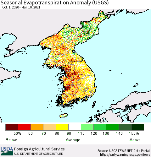 Korea Seasonal Actual Evapotranspiration Anomaly (USGS) Thematic Map For 9/1/2020 - 3/10/2021