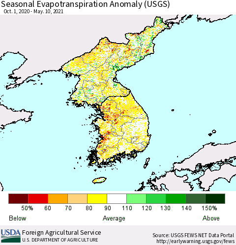 Korea Seasonal Actual Evapotranspiration Anomaly (USGS) Thematic Map For 9/1/2020 - 5/10/2021