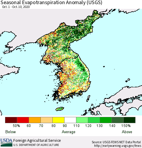 Korea Seasonal Actual Evapotranspiration Anomaly (USGS) Thematic Map For 9/1/2020 - 10/10/2020
