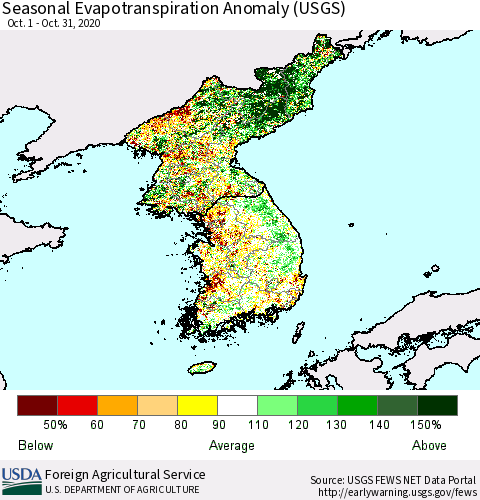Korea Seasonal Actual Evapotranspiration Anomaly (USGS) Thematic Map For 9/1/2020 - 10/31/2020