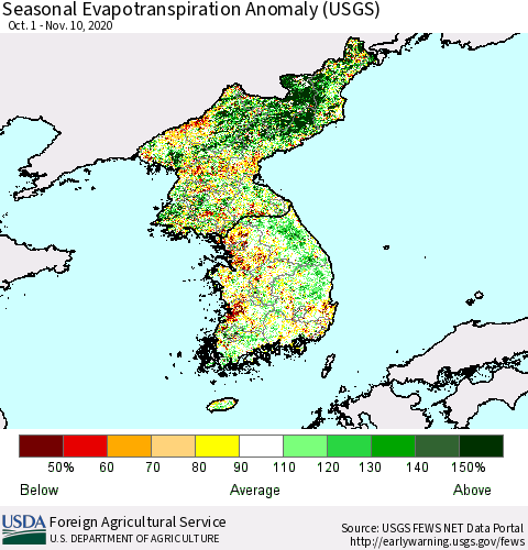 Korea Seasonal Actual Evapotranspiration Anomaly (USGS) Thematic Map For 9/1/2020 - 11/10/2020