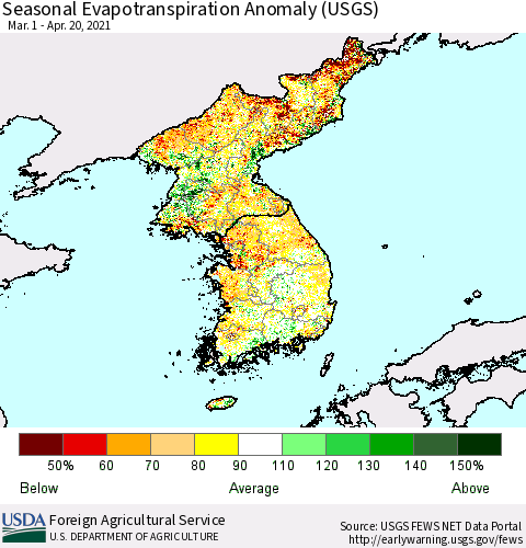 Korea Seasonal Actual Evapotranspiration Anomaly (USGS) Thematic Map For 4/1/2021 - 4/20/2021
